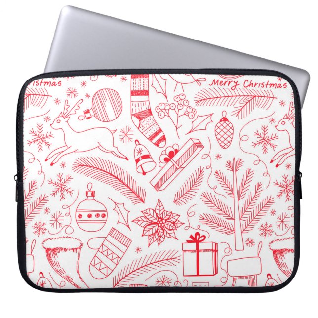 Doodle kerstpatroon rood laptop sleeve (Voorkant)