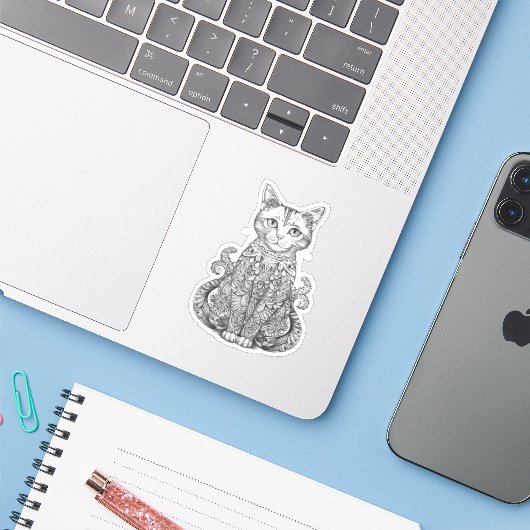 Doodle kunst schattige kat sticker (Laptop met iPhone)