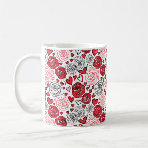 Doodle Kunststijl Rode Roze Rozen Harten Valentijn Koffiemok