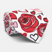 Doodle Kunststijl Rode Roze Rozen Harten Valentijn Stropdas (Opgerold)