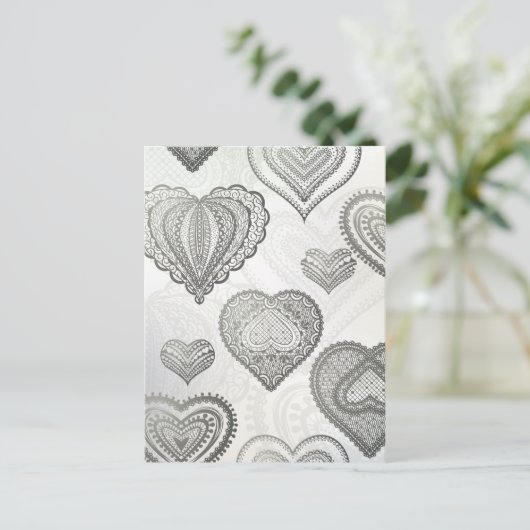 Doodle & Lace grey hearts Briefkaart (Staand voorkant)