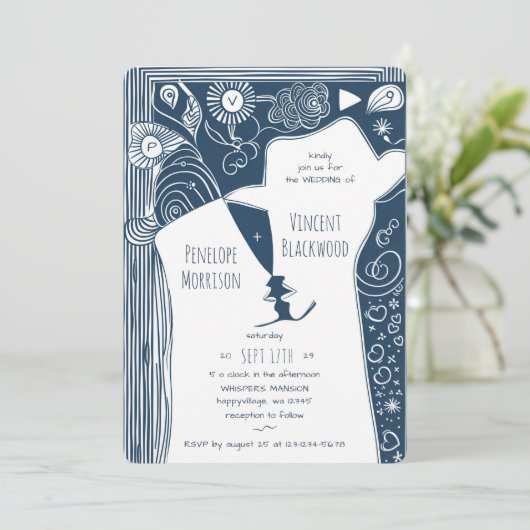 Doodle Line Art Paar Huwelijksuitnodiging Kaart (Staand voorkant)