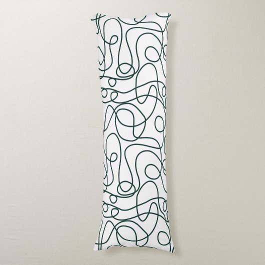 Doodle Line Art Patroon | Donker Smaragd Groen/Wit Lichaamskussen (Voorkant Verticaal)