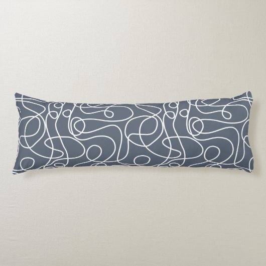 Doodle Line Art Patroon | Wit op blauw-grijs Lichaamskussen (Voorkant)