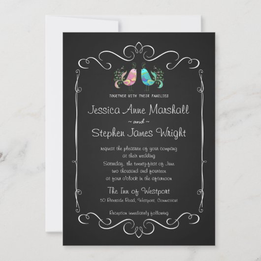 Doodle Lovebird Chalkboard Wedding Kaart (Voorkant)