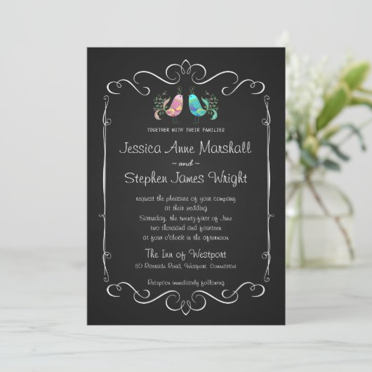 Doodle Lovebird Chalkboard Wedding Kaart (Staand voorkant)
