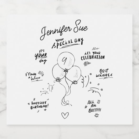 Doodle moderne ballon Happy Birthday Sparkling Wijnetiket (Enkel label)