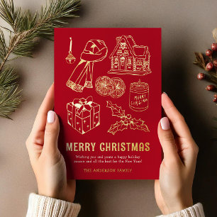 Doodle Niet-Foto Rode Kerst Folie Feestdagenkaart