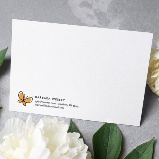 DOODLE ORANJE VLINDER WHIMSICAL MONOGRAM NOTITIEKAARTJE