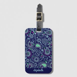 Doodle Paisley Pattern Dark Blue Bagagelabel