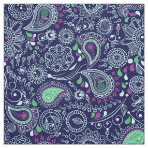Doodle Paisley Pattern Dark Blue Stof