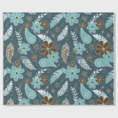 Doodle Paislies Feathers Flowers Boho Patroon blau Cadeaupapier (Vlak)