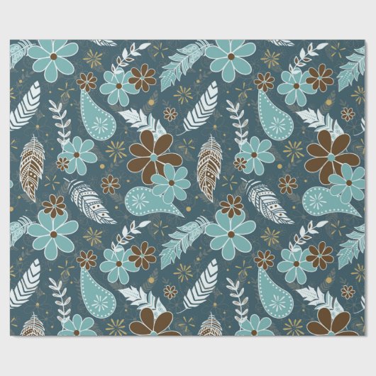 Doodle Paislies Feathers Flowers Boho Patroon blau Cadeaupapier (Vlak)