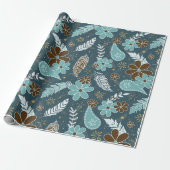 Doodle Paislies Feathers Flowers Boho Patroon blau Cadeaupapier (Uitgerold)