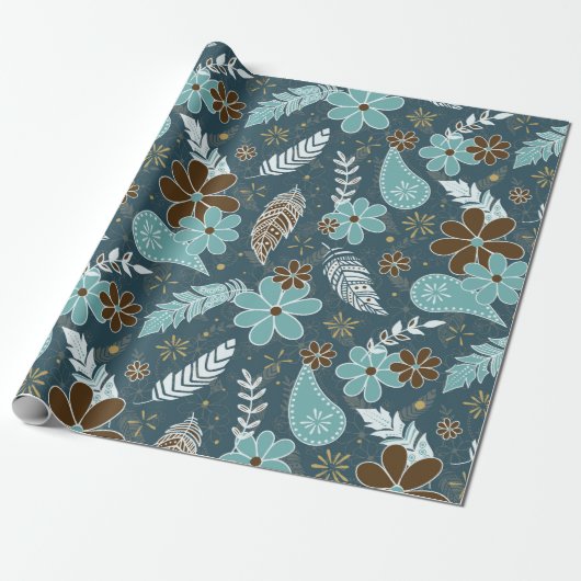 Doodle Paislies Feathers Flowers Boho Patroon blau Cadeaupapier (Uitgerold)