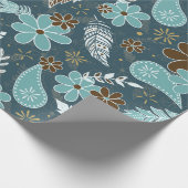 Doodle Paislies Feathers Flowers Boho Patroon blau Cadeaupapier (Hoek)