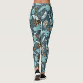 Doodle Paislies Feathers Flowers Boho Patroon blau Leggings (Achterkant)