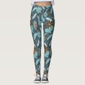 Doodle Paislies Feathers Flowers Boho Patroon blau Leggings (Voorkant)