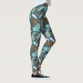 Doodle Paislies Feathers Flowers Boho Patroon blau Leggings