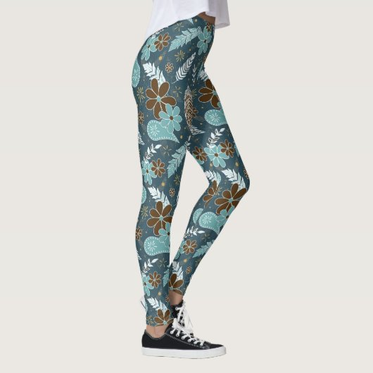 Doodle Paislies Feathers Flowers Boho Patroon blau Leggings (Rechts)