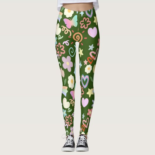 Doodle patroon pastel schaduw D Groen BG Leggings (Voorkant)