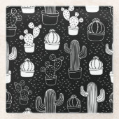 Doodle Pattern voor zwarte en witte cactus Glazen Onderzetter (Voorkant)