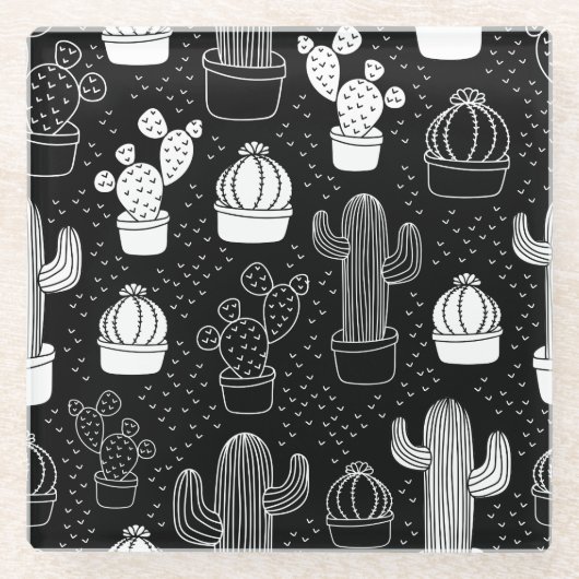 Doodle Pattern voor zwarte en witte cactus Glazen Onderzetter (Voorkant)
