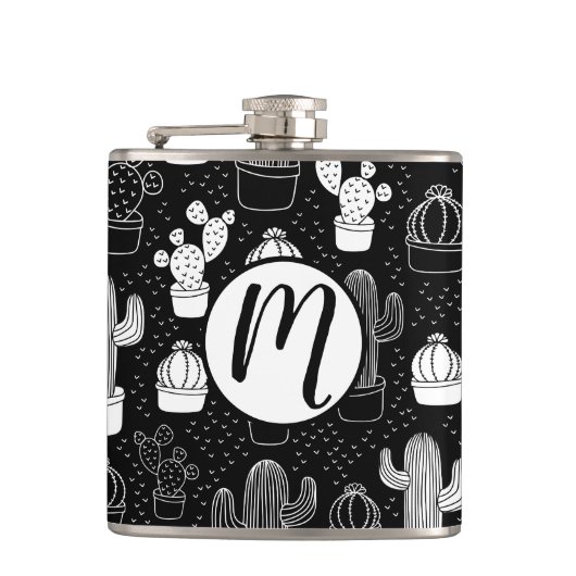 Doodle Pattern voor zwarte en witte cactus Heupfles (Voorkant)