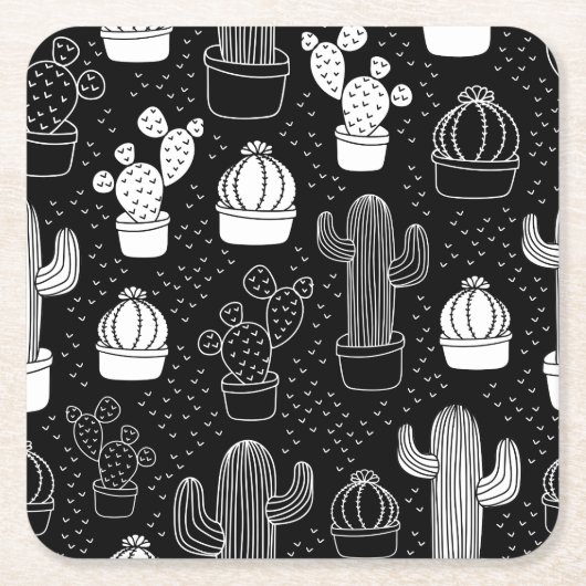 Doodle Pattern voor zwarte en witte cactus Kartonnen Onderzetters (Voorkant)