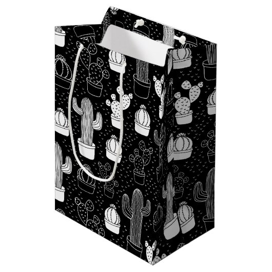 Doodle Pattern voor zwarte en witte cactus Medium Cadeauzakje (Voorkant Gekanteld)