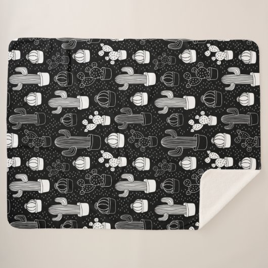 Doodle Pattern voor zwarte en witte cactus Sherpa Deken (Voorkant (horizontaal))