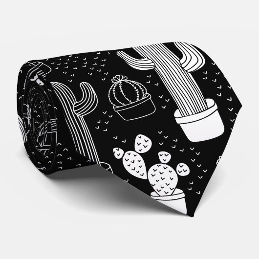 Doodle Pattern voor zwarte en witte cactus Stropdas (Opgerold)