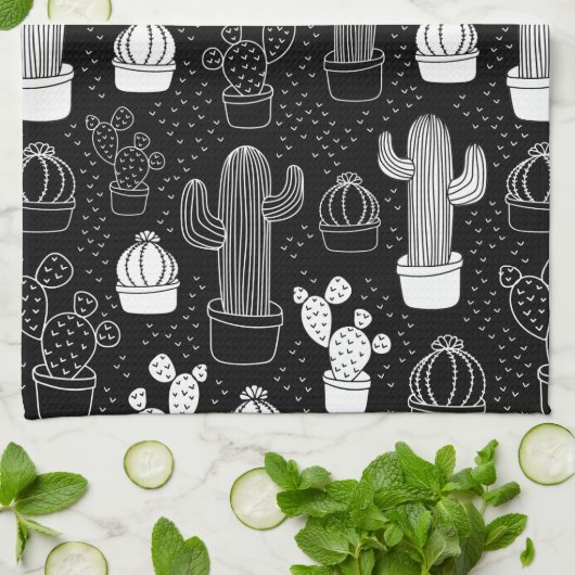 Doodle Pattern voor zwarte en witte cactus Theedoek (Gevouwen)