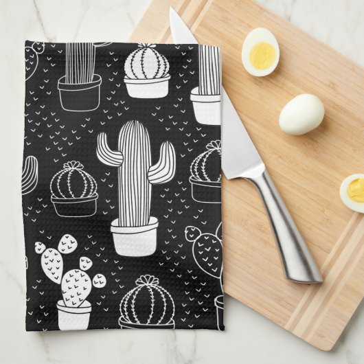 Doodle Pattern voor zwarte en witte cactus Theedoek (Quarter Fold)