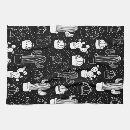 Doodle Pattern voor zwarte en witte cactus Theedoek (Horizontaal)
