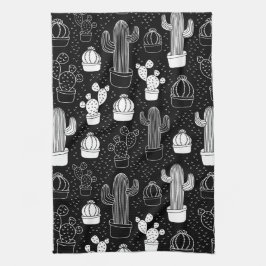 Doodle Pattern voor zwarte en witte cactus Theedoek