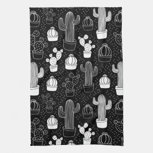 Doodle Pattern voor zwarte en witte cactus Theedoek (Verticaal)