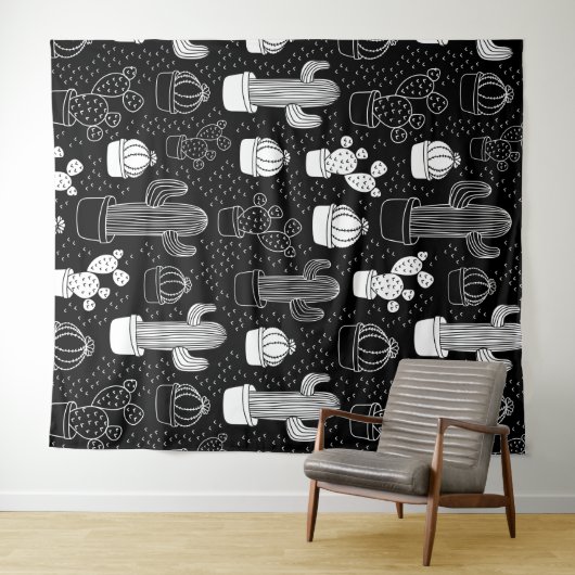 Doodle Pattern voor zwarte en witte cactus Wandkleed (In Situ (horizontaal))