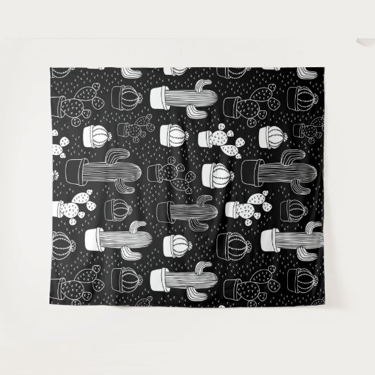 Doodle Pattern voor zwarte en witte cactus Wandkleed (Voorkant (horizontaal))