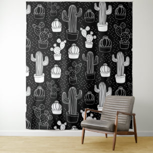 Doodle Pattern voor zwarte en witte cactus Wandkleed