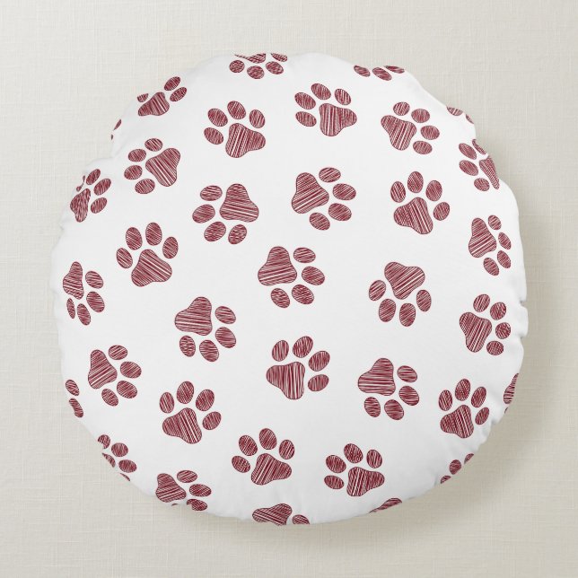 Doodle Paws, Dog Paws, Bourgogne Paws Rond Kussen (Voorkant)