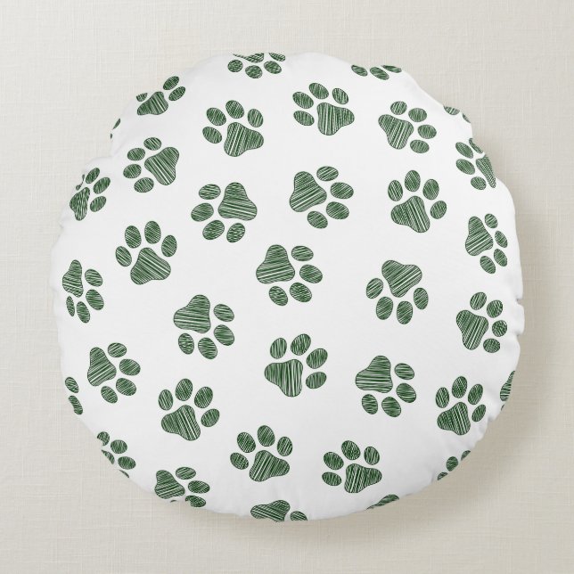 Doodle Paws, Dog Paws, Groene Paws Rond Kussen (Voorkant)