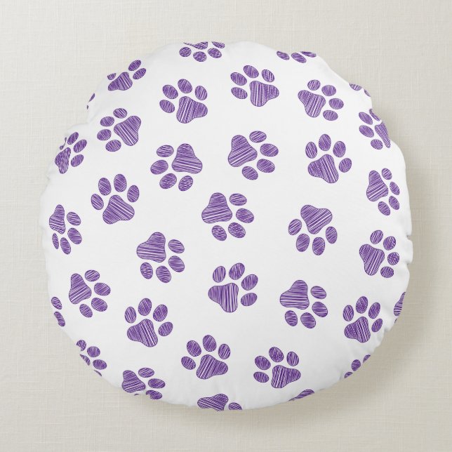 Doodle Paws, Dog Paws, Paarse Paws Rond Kussen (Voorkant)