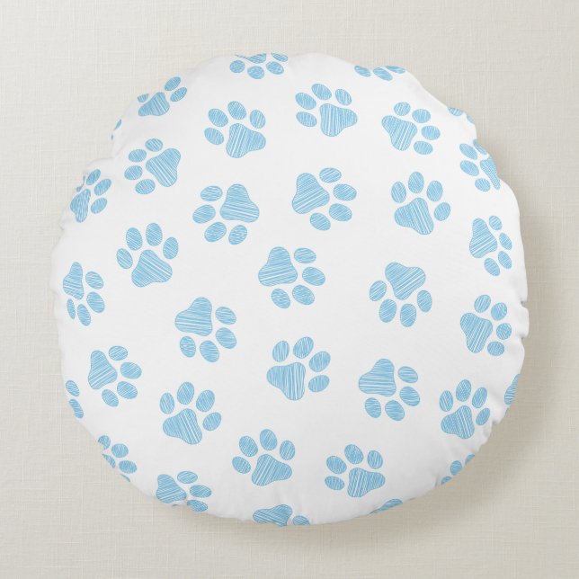 Doodle Paws, Hondenpoten, Baby Blue Paws Rond Kussen (Voorkant)