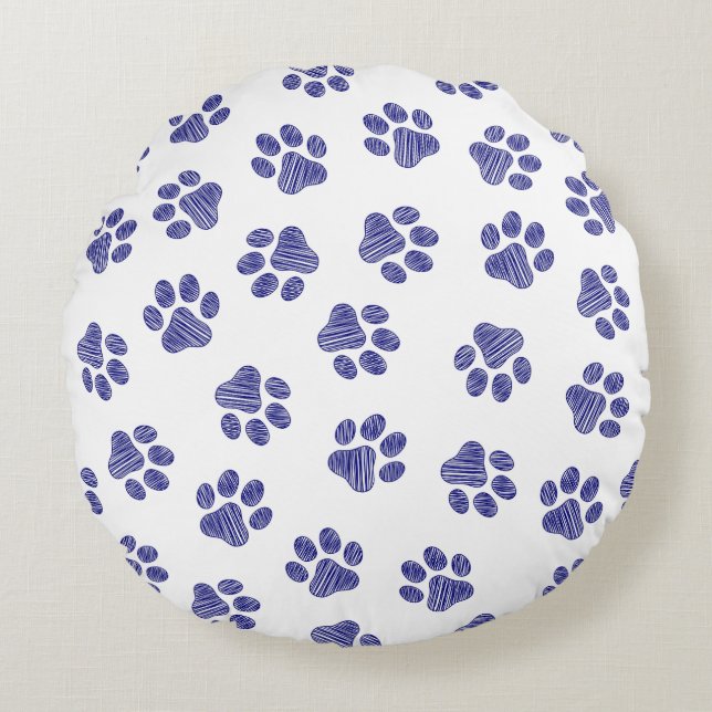 Doodle Paws, Hondenpoten, Navy Blue Paws Rond Kussen (Voorkant)