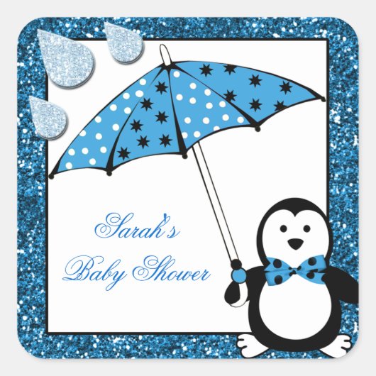 Doodle Penguin Boy Baby shower Vierkante Sticker (Voorkant)