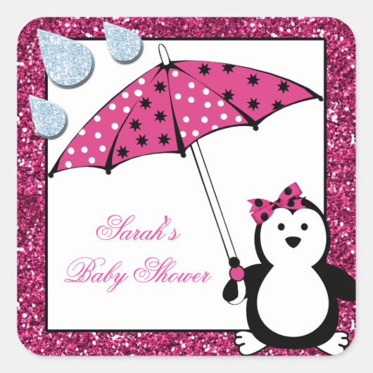 Doodle Penguin Girl Baby shower Vierkante Sticker (Voorkant)