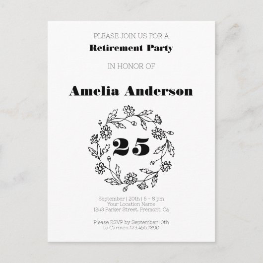 Doodle pensioen moderne bloem zwart briefkaart (Voorkant)