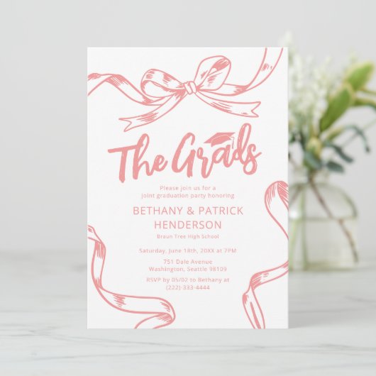 Doodle Pink Bow Joint Graduation Party Kaart (Staand voorkant)