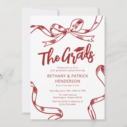 Doodle Red Bow Joint Graduation Party Kaart (Voorkant)